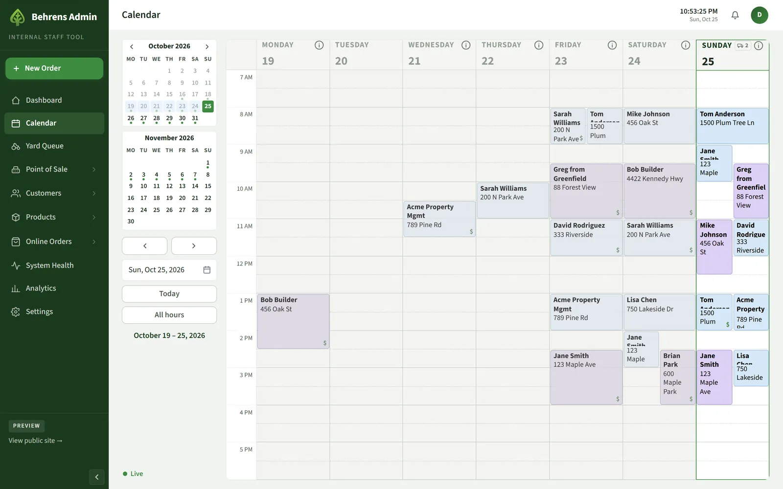 Weekly delivery calendar with color-coded small- and big-truck deliveries for fictional customers