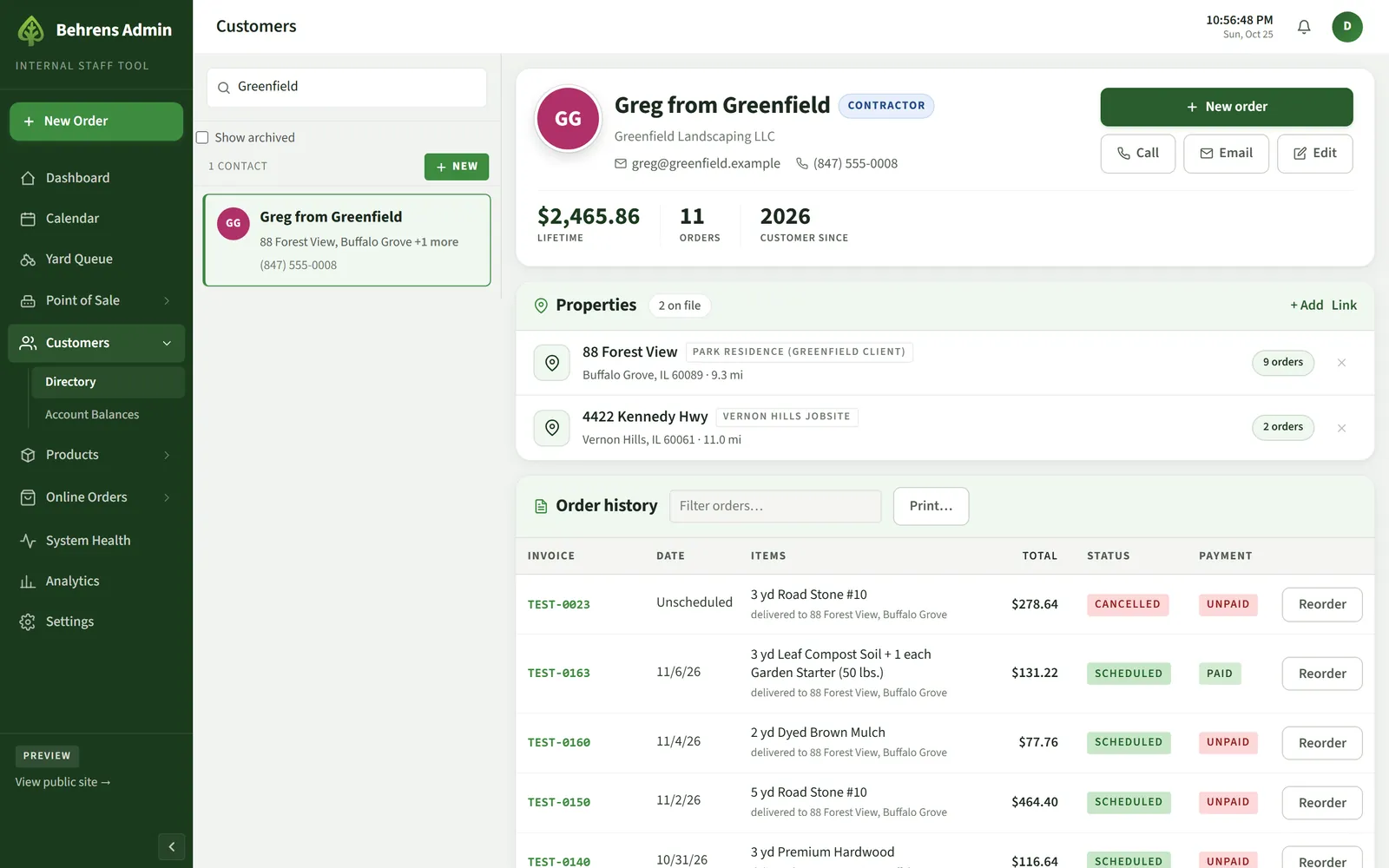 Customer record for a fictional contractor showing two job sites and a list of orders with status and payment