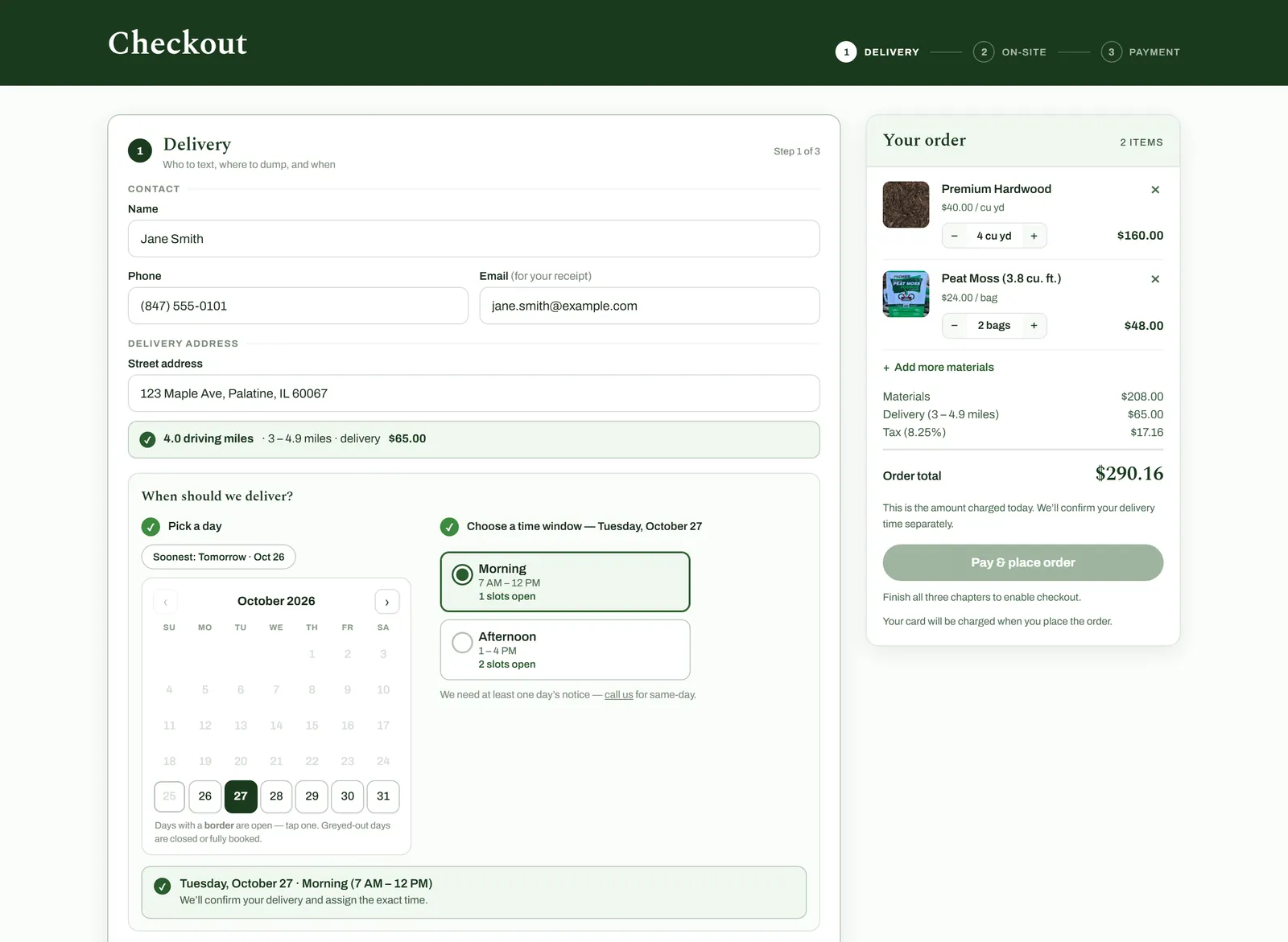 Online checkout delivery step with a fictional customer, an address priced at 4 driving miles, a calendar of open delivery days, morning and afternoon windows with open slots, and the order total