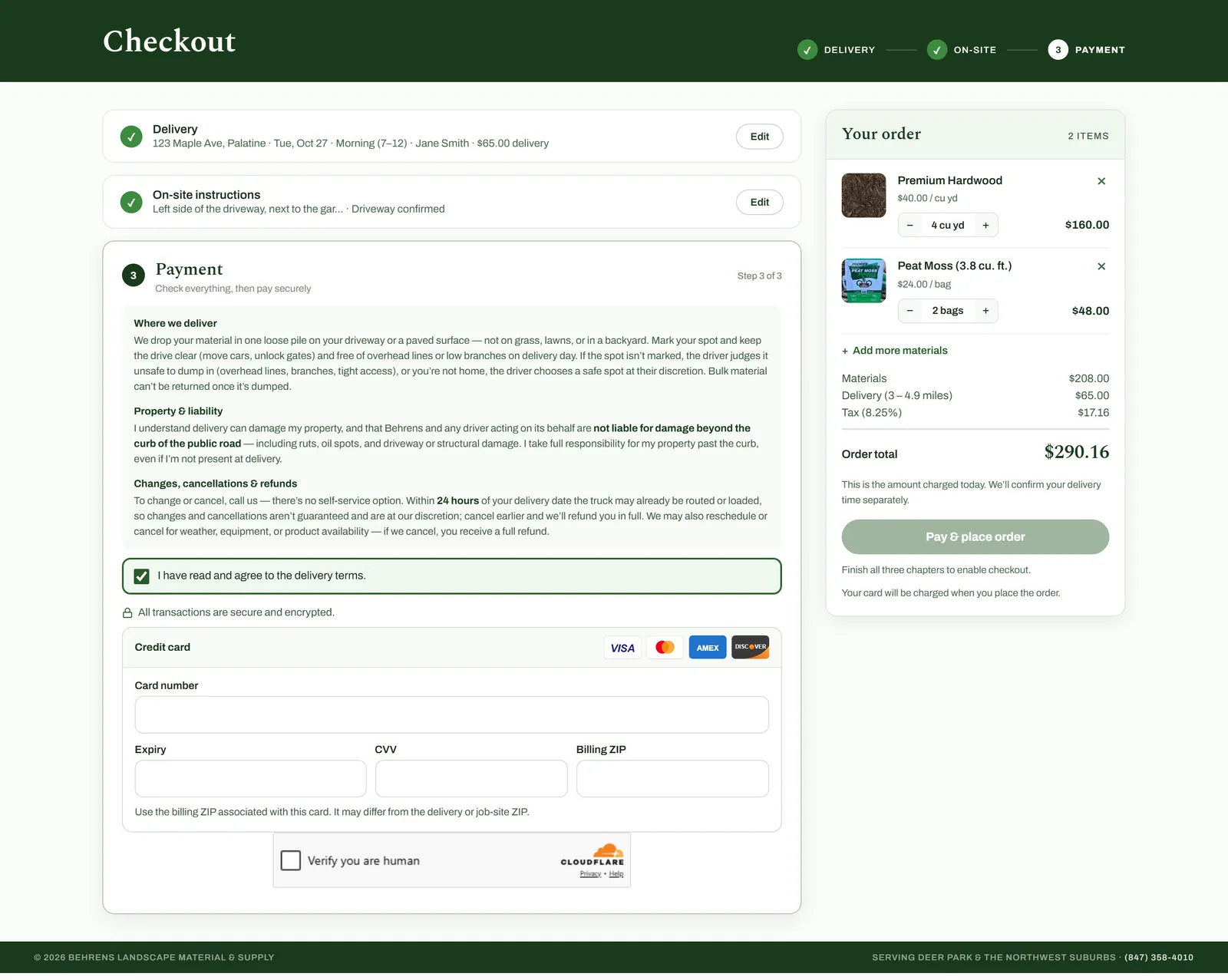 Online checkout payment step showing completed delivery and on-site steps, delivery terms with an agreement checkbox, the credit card section with card number, expiry, CVV and billing ZIP, a Cloudflare human check, and the order total