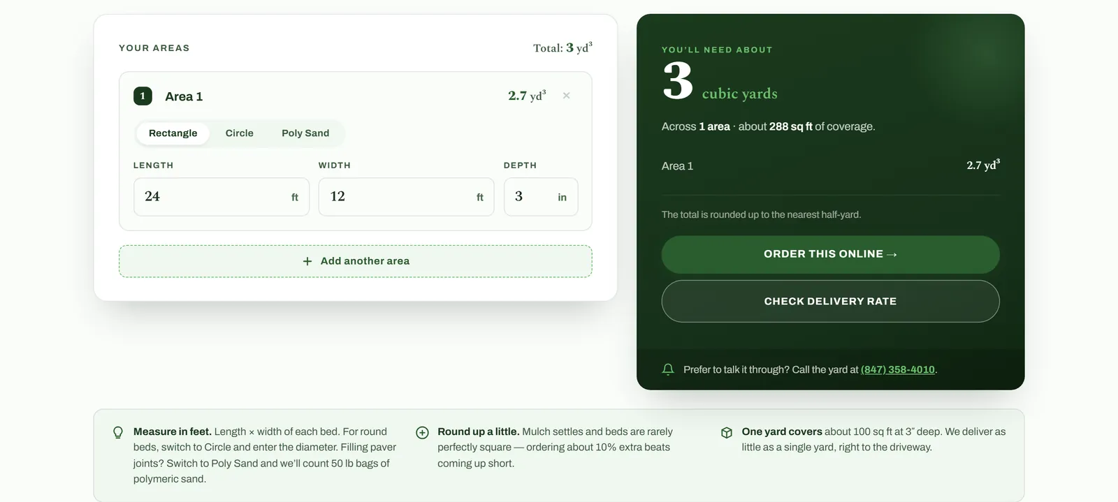 Coverage calculator showing a 24 by 12 foot area at 3 inches deep, totaling about 3 cubic yards, with Order this online and Check delivery rate buttons