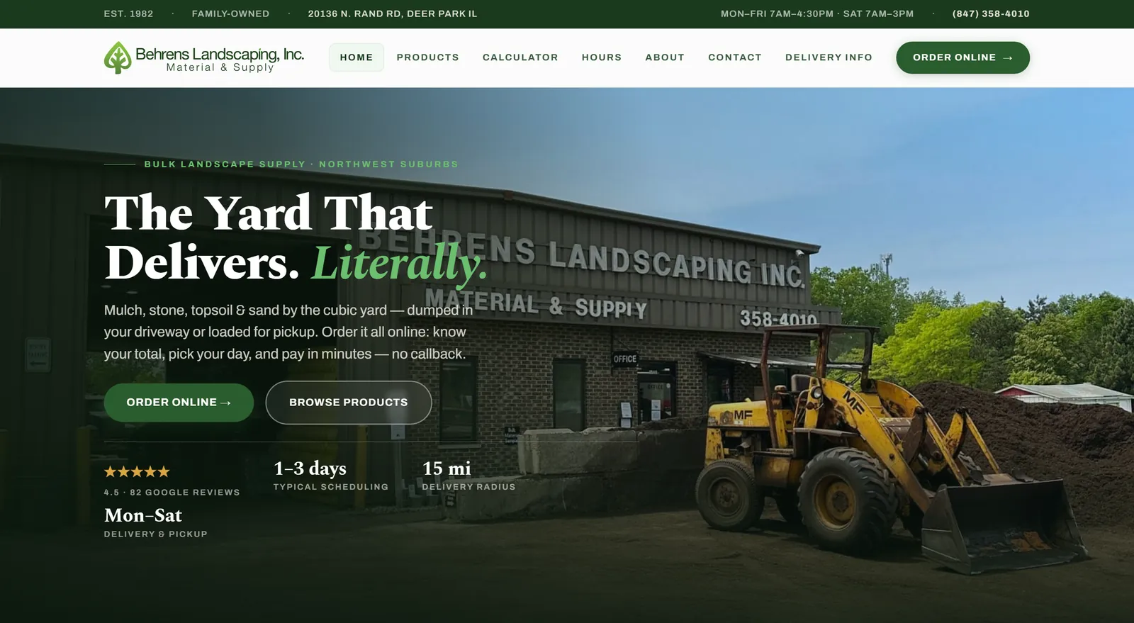 Behrens Landscape homepage with the headline “The Yard That Delivers. Literally.” and buttons to order online or browse products