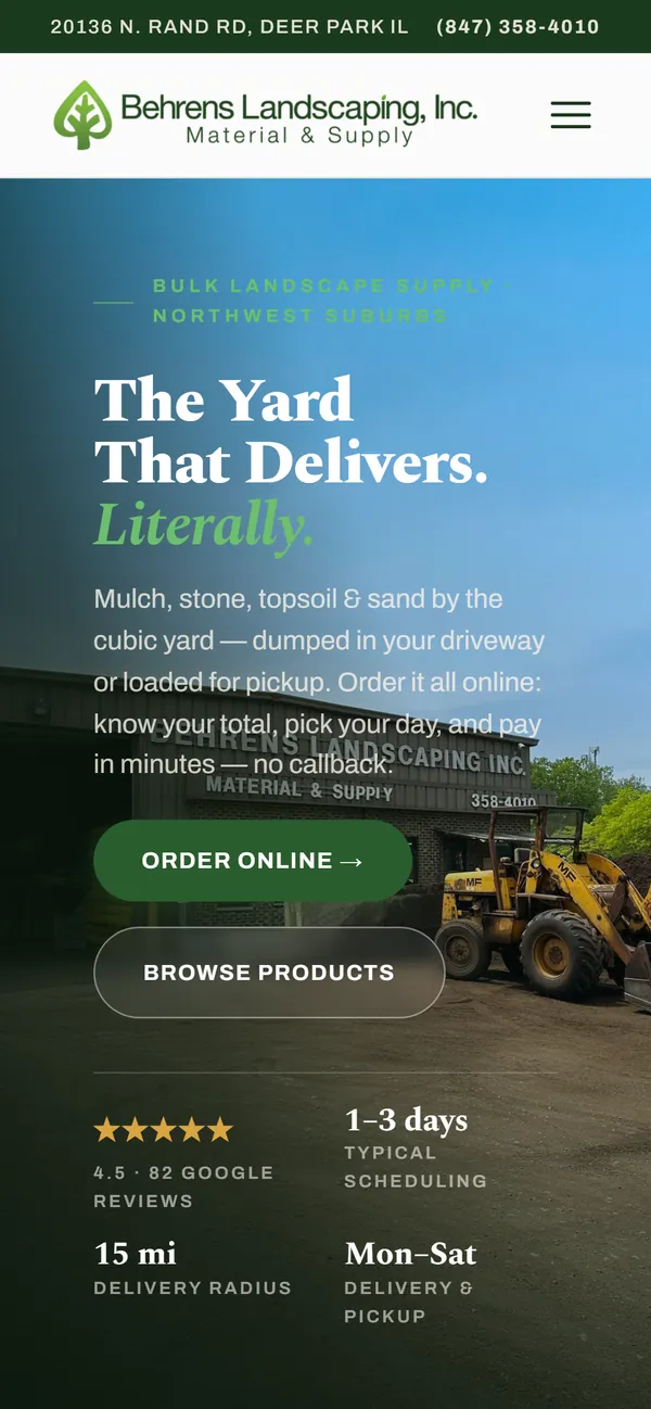 Behrens Landscape homepage on a phone, with the order button above the fold