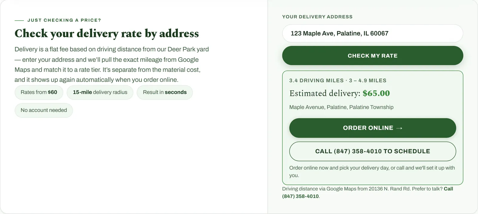 Delivery rate lookup showing a sample Palatine address 3.4 driving miles from the yard, an estimated $65 delivery fee, and buttons to order online or call